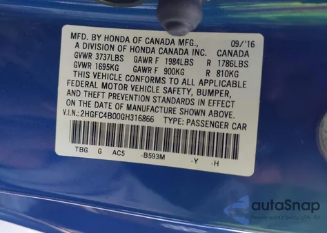 2016 Honda Civic Lx-P из США, поврежденный, VIN 2HGFC4B00GH316866